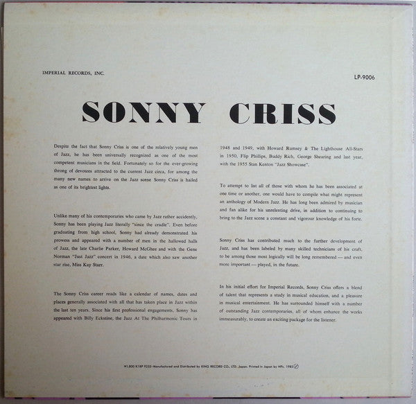 Sonny Criss : Jazz - U.S.A. (LP, Album, Mono, RE)