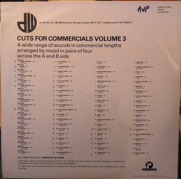 K. Jenkins* / M. Ratledge* : Cuts For Commercials Volume 3 (LP)