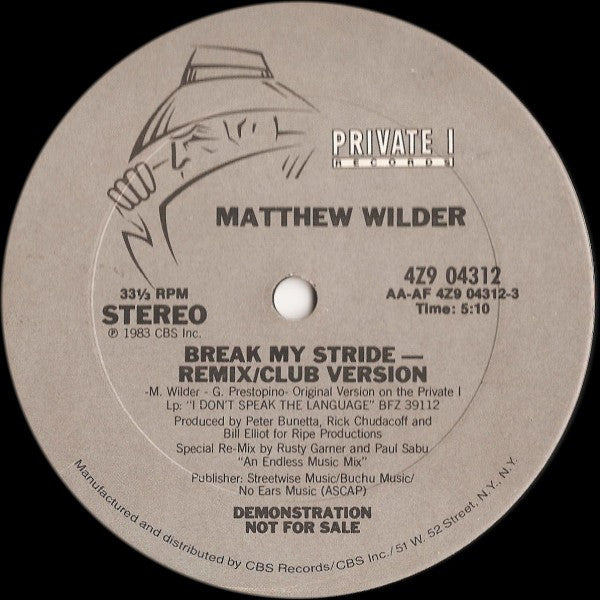Matthew Wilder : Break My Stride (12", Promo)
