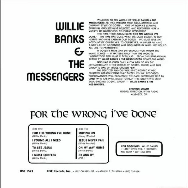 Willie Banks And The Messengers : For The Wrong I've Done (LP, Album)