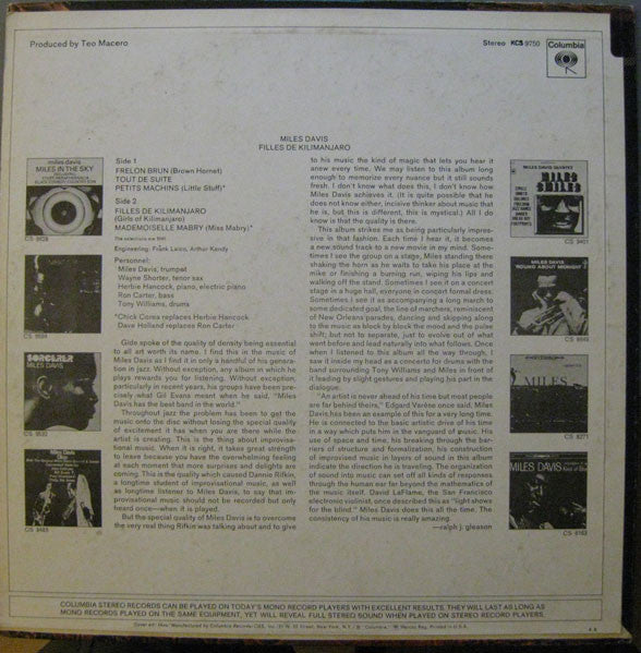 Miles Davis : Filles De Kilimanjaro (LP, Album, RE)