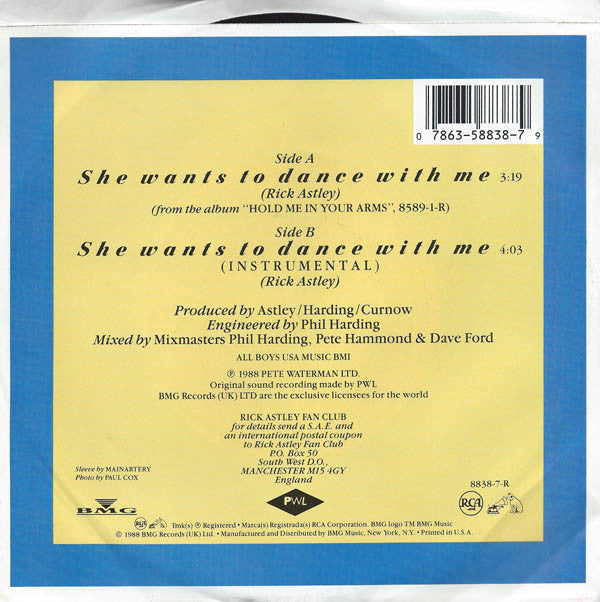 Rick Astley : She Wants To Dance With Me (7", Single)