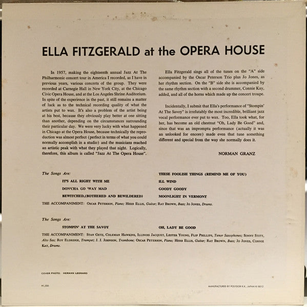 Ella Fitzgerald : Ella Fitzgerald At The Opera House (LP, Album, Mono, RE)