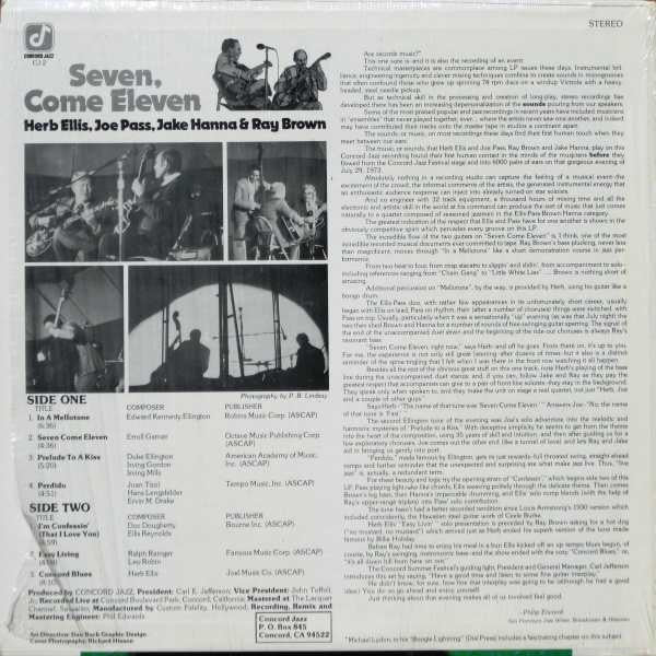 Herb Ellis & Joe Pass Also Featuring Jake Hanna & Ray Brown : Seven, Come Eleven (From Their Live Performance At The Concord Summer Festival) (LP, Album)