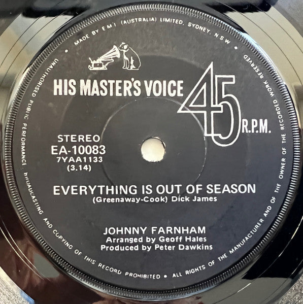 Johnny Farnham* : Everything Is Out Of Season / It's Up To You (7", Single)