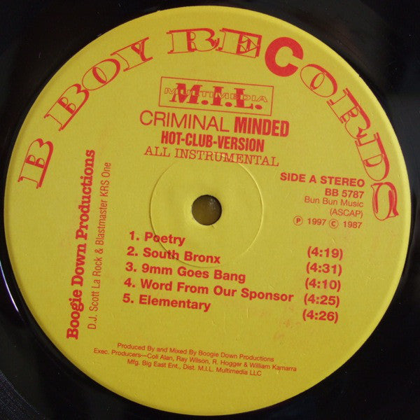 Boogie Down Productions : Criminal Minded (Hot-Club-Version) (All Instrumental) (LP, Album, RE, Yel)