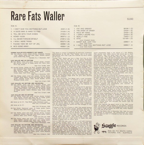 Fats Waller : Rare Fats Waller (16 Previously Unreleased Performances) (LP, Album)