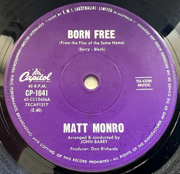 Matt Monro : Born Free (7", Single)