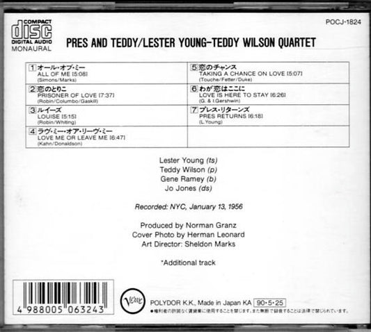 The Lester Young-Teddy Wilson Quartet : Pres And Teddy (CD, Album, Mono, RE)