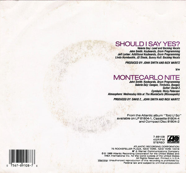 Nu Shooz : Should I Say Yes? (7", Single, Spe)