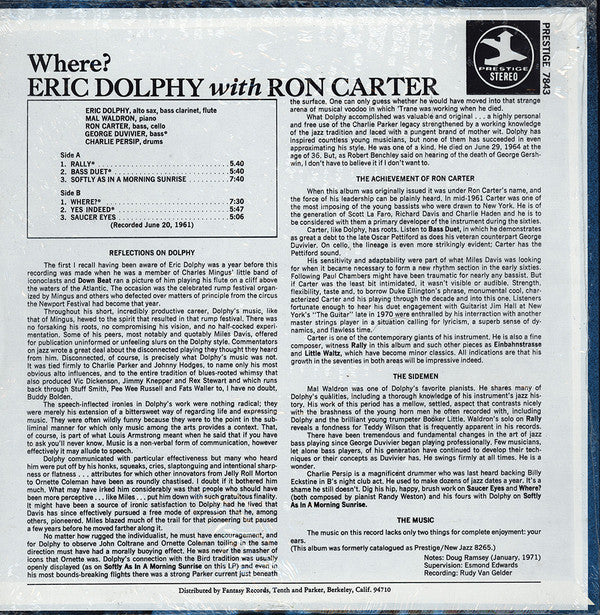 Eric Dolphy With Ron Carter : Where? (LP, Album, RE)