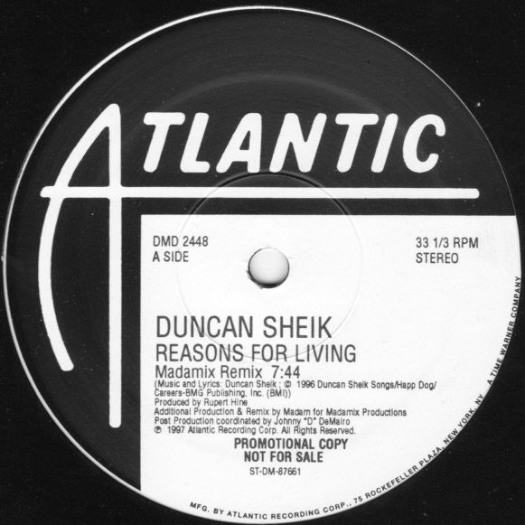 Duncan Sheik - Reasons For Living (12", 33 ⅓ RPM, Promo, Stereo) (Very Good Plus (VG+))