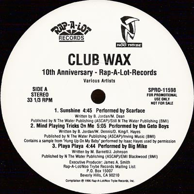 Various - Club Wax (10th Anniversary - Rap-A-Lot Records) (12", 33 ⅓ RPM, Promo) (Very Good Plus (VG+))