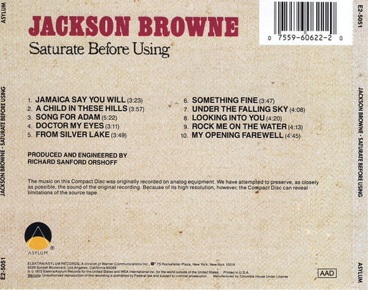 Jackson Browne - Saturate Before Using (CD, Album, Club, RE) (Very Good (VG))