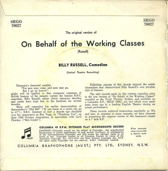Billy Russell - The Original Version Of On Behalf Of The Working Classes (7", 45 RPM, EP, RE) (Very Good (VG))