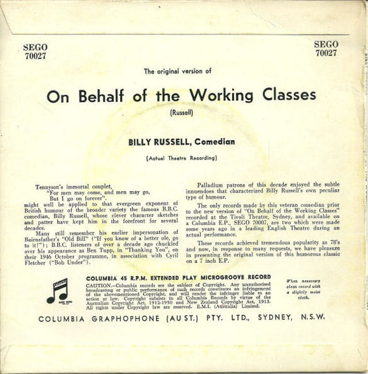 Billy Russell - The Original Version Of On Behalf Of The Working Classes (7", 45 RPM, EP, RE) (Very Good (VG))