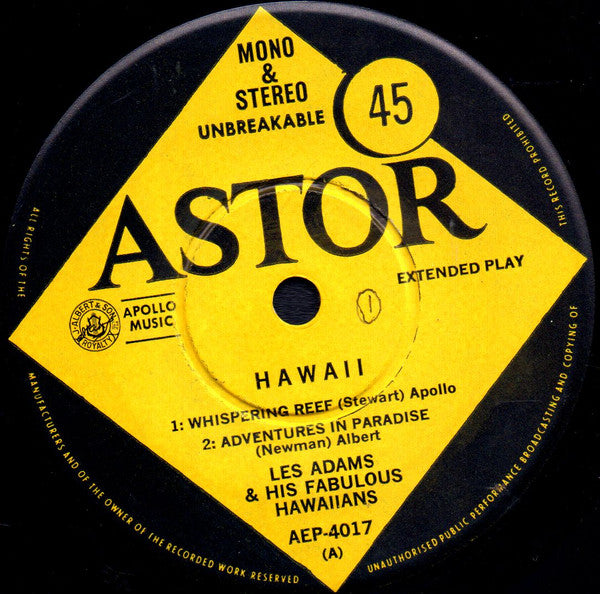 Les Adams And His Fabulous Hawaiians - Hawaii (7", 45 RPM, EP) (Very Good (VG))