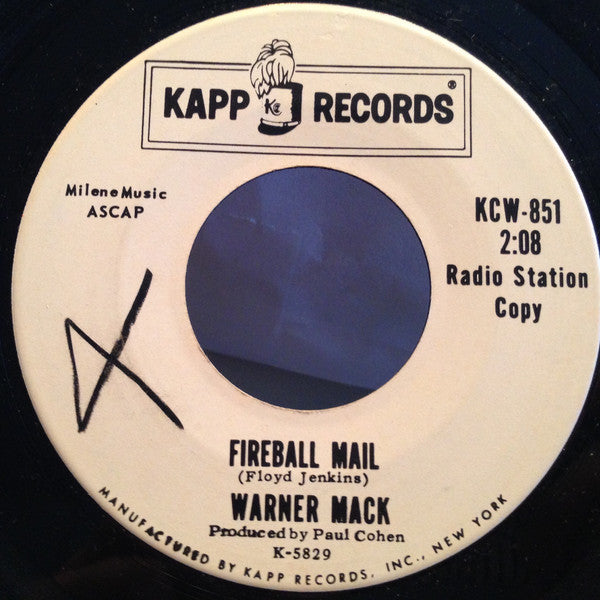 Warner Mack - Fireball Mail (7", 45 RPM, Promo) (Good Plus (G+))