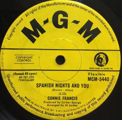 Connie Francis - Spanish Nights And You (7", 45 RPM, Single) (Good Plus (G+))