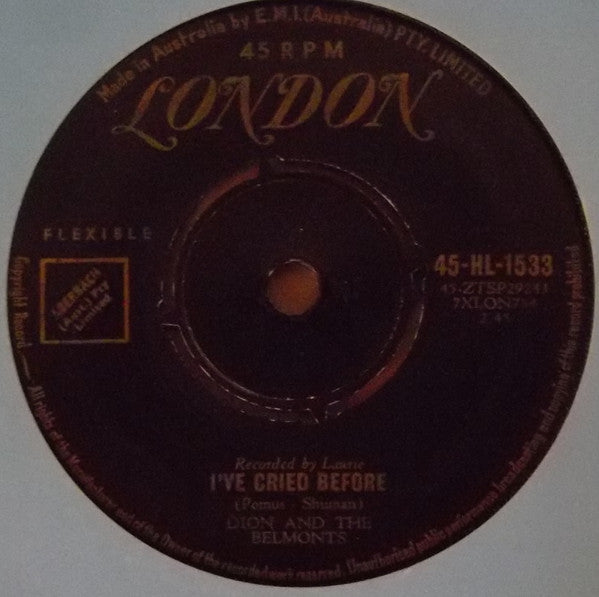 Dion & The Belmonts - A Teenager In Love / I've Cried Before (7", 45 RPM, Single) (Good Plus (G+))