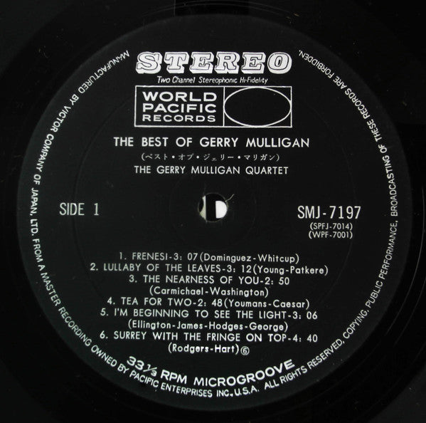Gerry Mulligan Quartet - The Best Of Gerry Mulligan (LP, Comp, Stereo) (Very Good Plus (VG+))