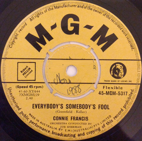 Connie Francis - Everybody's Somebody's Fool (7", 45 RPM) (Good Plus (G+))