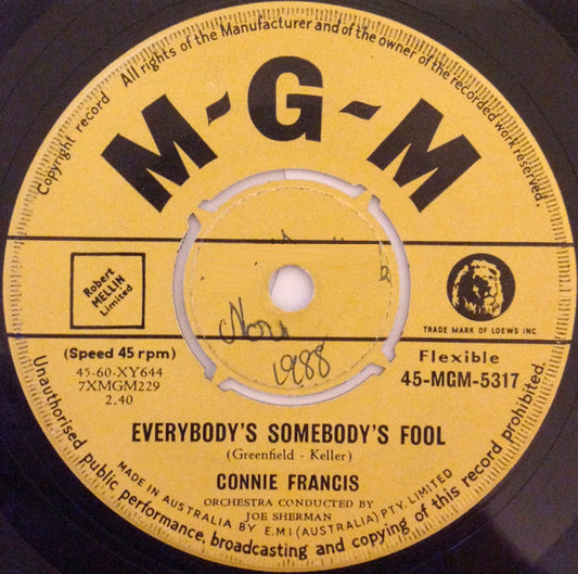 Connie Francis - Everybody's Somebody's Fool (7", 45 RPM) (Good Plus (G+))