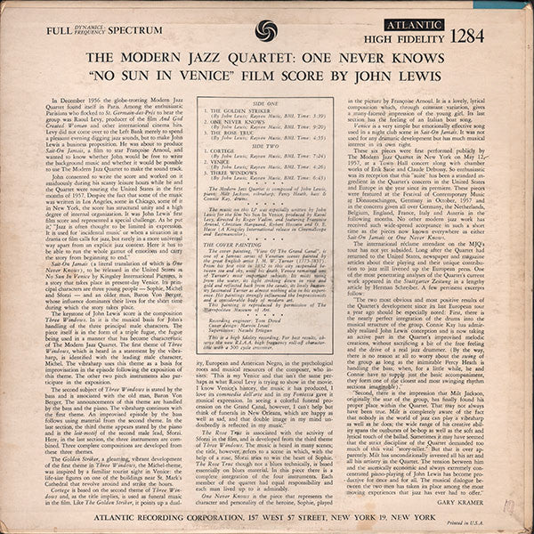 The Modern Jazz Quartet - The Modern Jazz Quartet Plays One Never Knows (Original Film Score For “No Sun In Venice”) (LP, Album, Mono) (Good Plus (G+))