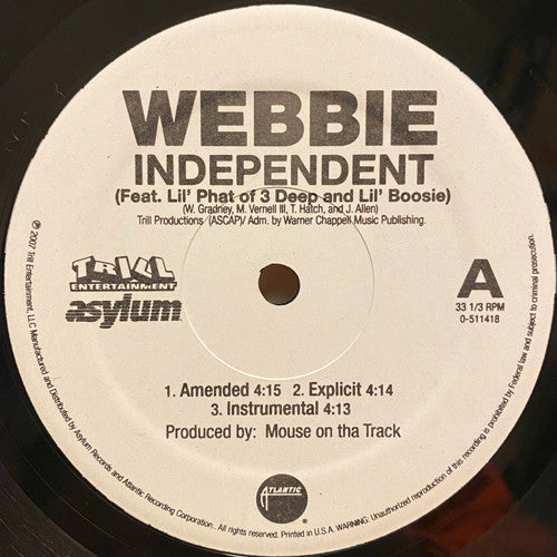 Webbie - Independent / I Miss You (12", 33 ⅓ RPM) (Very Good Plus (VG+))