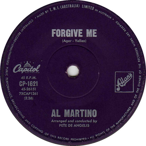 Al Martino - Forgive Me / What Now, My Love (7", 45 RPM, Single) (Very Good (VG))