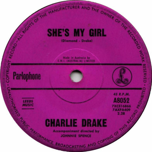Charlie Drake - My Boomerang Won't Come Back / She's My Girl (7", Single, 45 RPM) (Very Good (VG))