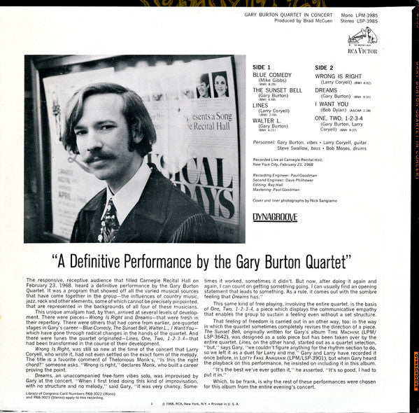 Gary Burton Quartet - In Concert (LP, Album, Stereo) (Good Plus (G+))