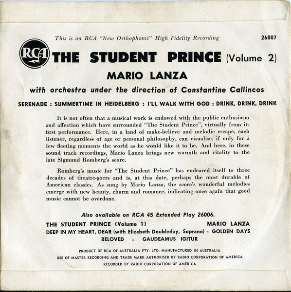 Mario Lanza - The Student Prince (Volume 2) (7", 45 RPM, EP) (Very Good (VG))