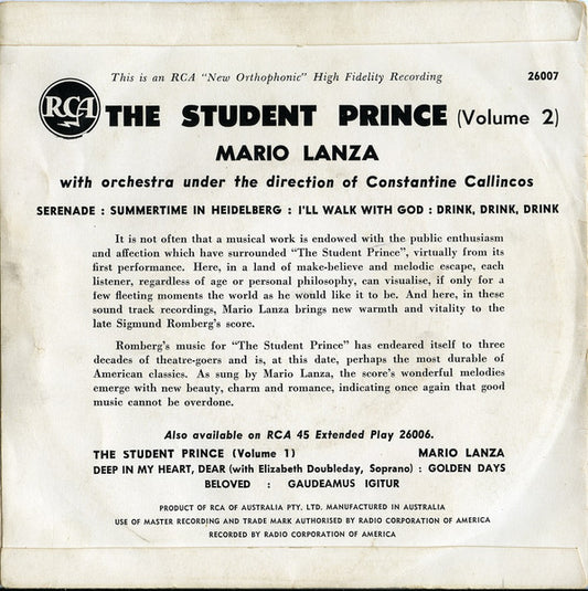 Mario Lanza - The Student Prince (Volume 2) (7", 45 RPM, EP) (Very Good (VG))