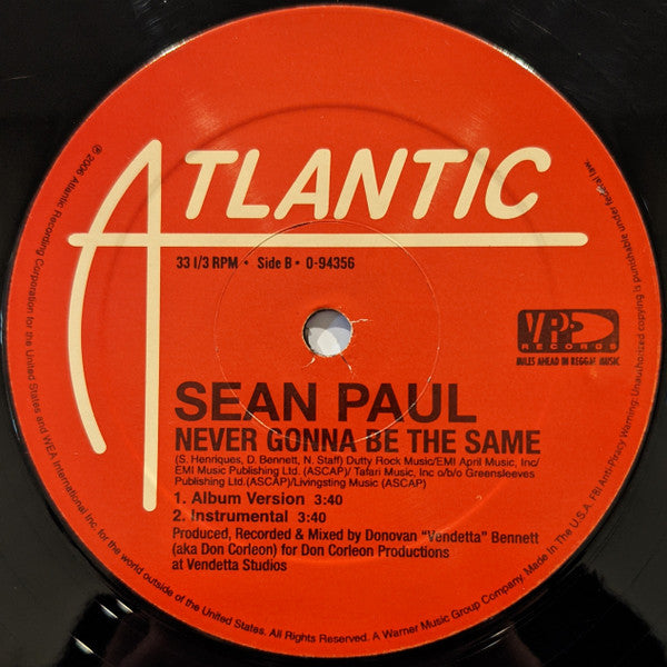 Sean Paul - Give It Up To Me / Never Gonna Be The Same (12", 33 ⅓ RPM) (Very Good Plus (VG+))