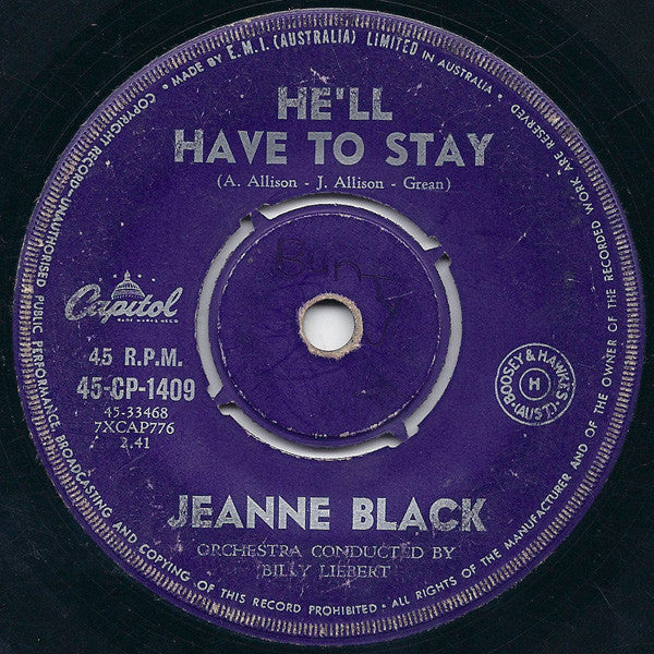 Jeanne Black, Jeanne And Janie - He'll Have To Stay (7", Single, 45 RPM) (Good Plus (G+))