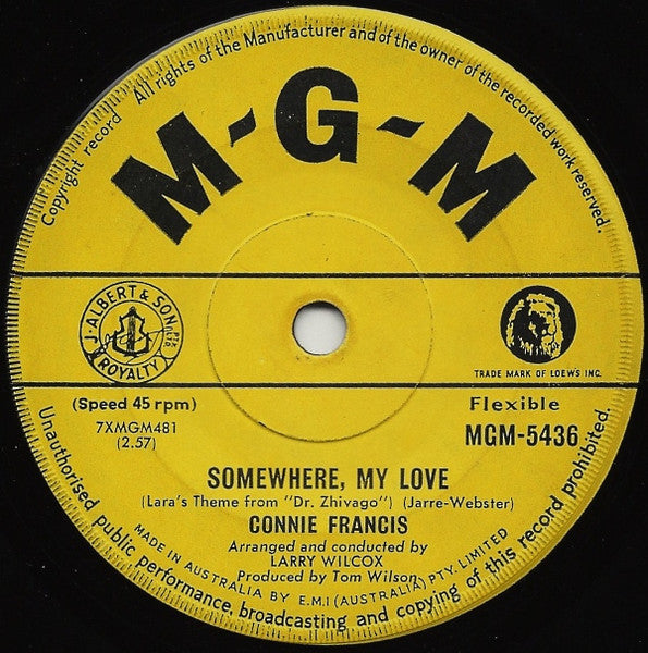 Connie Francis - Somewhere, My Love (7", 45 RPM, Mono) (Very Good (VG))