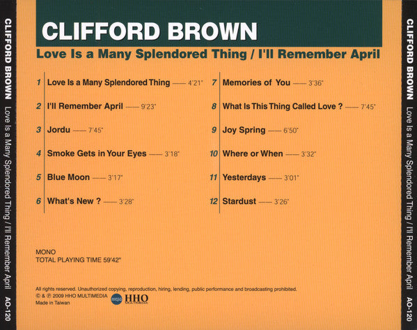 Clifford Brown - Love Is A Many Splendored Thing / I'll Remember April (CD, Comp, Mono) (Very Good Plus (VG+))