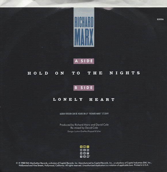 Richard Marx - Hold On To The Nights (7", 45 RPM, Stereo) (Very Good (VG))