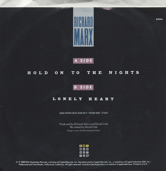 Richard Marx - Hold On To The Nights (7", 45 RPM, Stereo) (Very Good (VG))