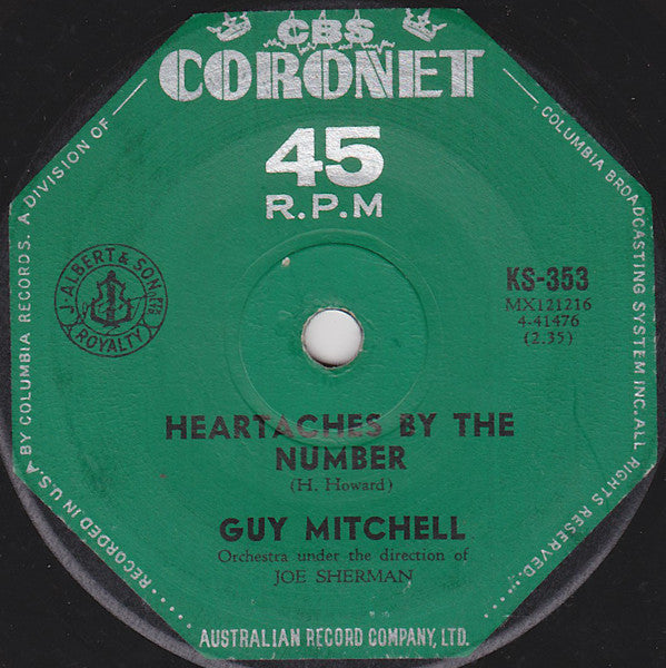 Guy Mitchell - Heartaches By The Number (7", 45 RPM, Single) (Good Plus (G+))