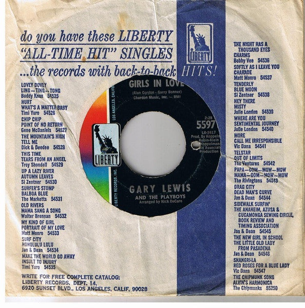Gary Lewis & The Playboys - Girls In Love (7", Single, 45 RPM) (Very Good (VG))