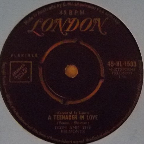 Dion & The Belmonts - A Teenager In Love / I've Cried Before (7", 45 RPM, Single) (Good Plus (G+))
