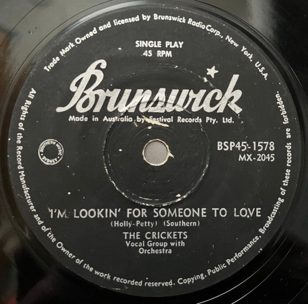 The Crickets - That'll Be The Day / I'm Lookin' For Someone To Love (7", 45 RPM, Single) (Very Good (VG))