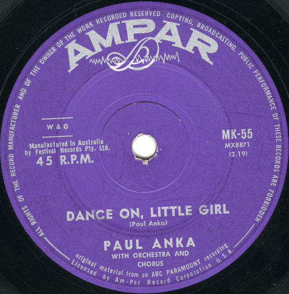 Paul Anka - Dance On Little Girl (7", 45 RPM, Single) (Good Plus (G+))