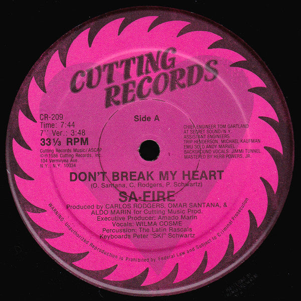 Safire - Don't Break My Heart (12", 33 ⅓ RPM) (Very Good Plus (VG+))