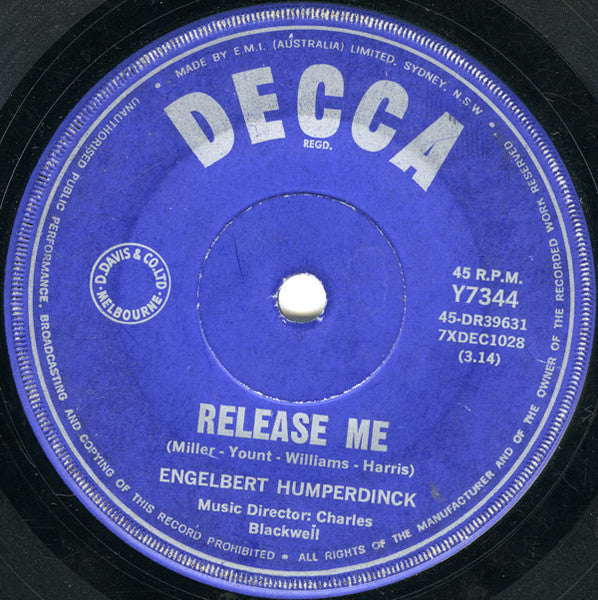 Engelbert Humperdinck - Release Me (7", 45 RPM, Single) (Good Plus (G+))