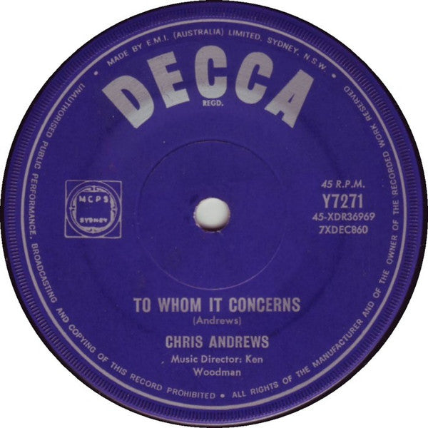 Chris Andrews - To Whom It Concerns (7", 45 RPM, Single) (Very Good (VG))