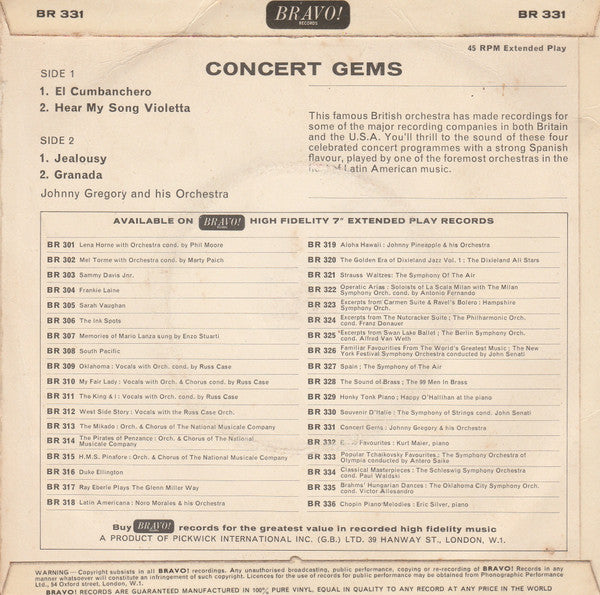 John Gregory And His Orchestra - Concert Gems (7", 45 RPM, EP) (Good Plus (G+))