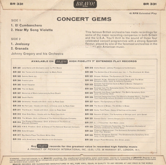 John Gregory And His Orchestra - Concert Gems (7", 45 RPM, EP) (Good Plus (G+))